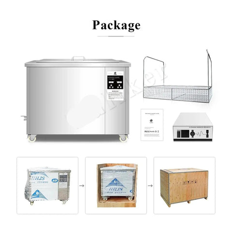 Top Notch 175L Industrial Ultrasonic Cleaning Machine For Heavy Duty Metal Car Parts Engine Blocks, shown with packaging and accessories.