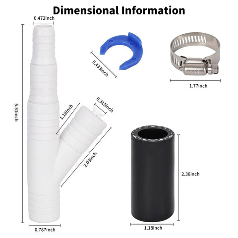 Universal Dishwasher Drain Hose Adapter Kit For RO Water Systems with dimensional information and clamps shown