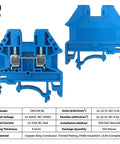 Blue DK2.5N-BL DIN Rail Terminal Block Screw Type With UL 600V 20A 12-22AWG front and side view, compact design