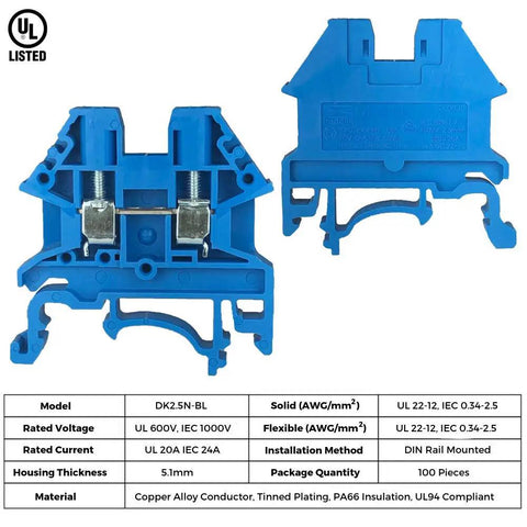 Blue DK2.5N-BL DIN Rail Terminal Block Screw Type With UL 600V 20A 12-22AWG front and side view, compact design
