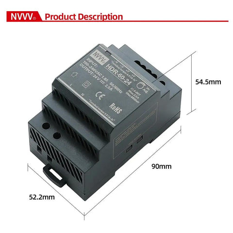 Ultra Slim Step Shape 24V DC DIN Rail Power Supply 60W 2.5A With Wide 85 To 264V AC Input TS 35 7.5 Or 15 Mount dimensions shown