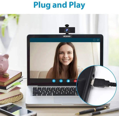 Hella Crisp 1080P USB Web Camera With Integrated Mic And Handy Privacy Flip on laptop with smiling user in video call.