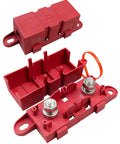 Beefy 500 Amp M8 Bolt On Fuse Holder With Heavy Duty Circuit Protection For Rough Automotive And Industrial Wiring Upgrades. Red plastic fuse holder with mounting features.