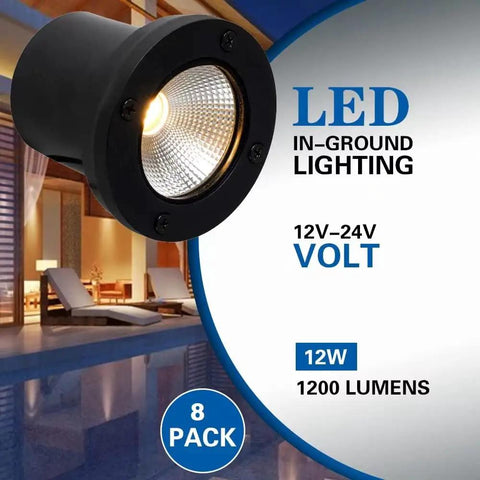 8 Pack Dope Bright 12W LED Well Lights For Outdoor Landscape, Low Voltage 12V To 24V AC DC, Black In Ground Path Lights