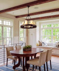 Farmhouse Wagon Wheel Six Light Chandelier With Frosted Seeded Glass Shades Rustic Hanging Light Fixture For Dining Room