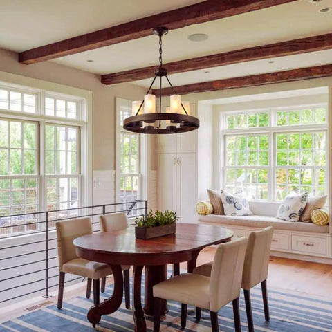 Farmhouse Wagon Wheel Six Light Chandelier With Frosted Seeded Glass Shades Rustic Hanging Light Fixture For Dining Room