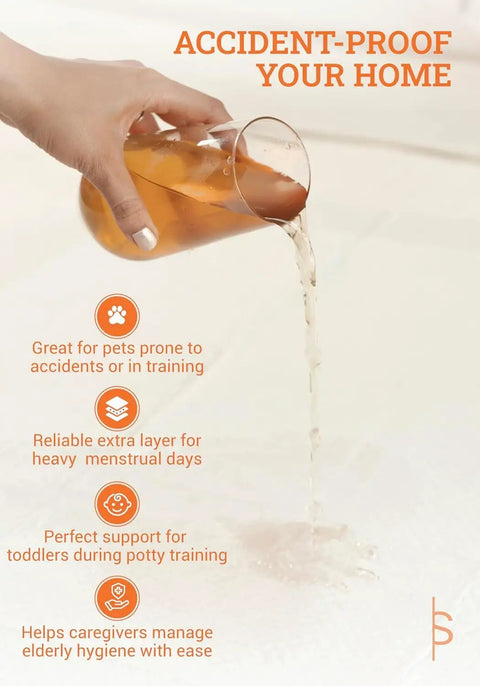 Pouring liquid onto waterproof adult bed pads, showing Serious Absorption Handles Every Mess, Waterproof Adult Bed Pads For Post Op Healing And Bbl Aftercare, Extra Large Chucks Shield Furniture, 24 By 35 Inches With Forty Disposable Quilted Layers.