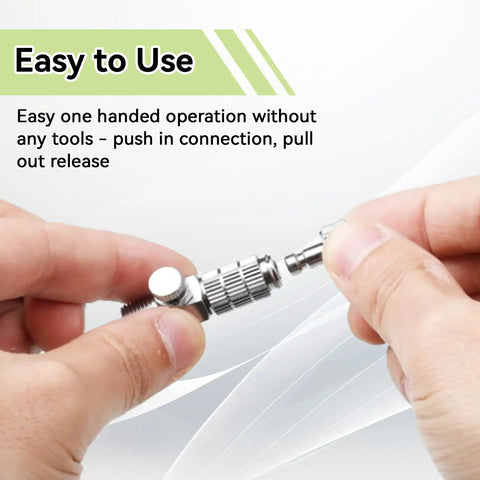 Hands using airbrush quick connect disconnect adapter kit with one eighth inch fittings quick release coupler set in silver