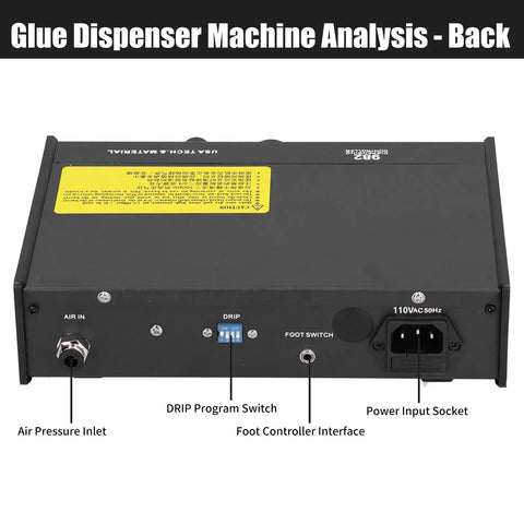 Back view of Pro Grade Glue Dispenser Machine with Timer showing air inlet, DRIP switch, foot controller port, and power socket
