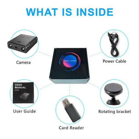 Coin Sized Hidden Spy Camera with 1080P HD WiFi, night vision, AI motion detection; shown with power cable, card reader, guide, bracket.