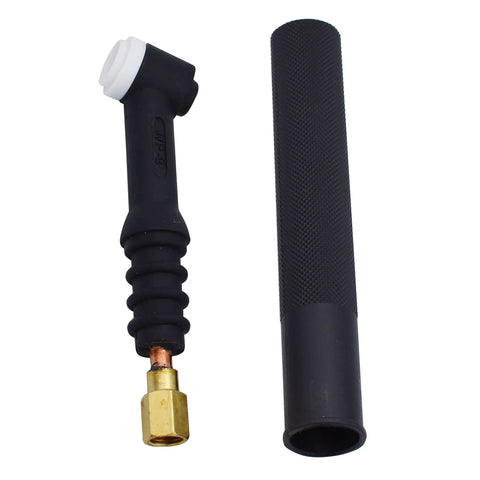 125 Amp Air Cooled TIG Welding Torch Head With Handle, Beefy Heavy Duty WP9 Style Torch Body For Precise TIG Welding, 3 8 24 RH Female Receptacle, Fits 57Y01R 57Y03R Cables, Durable Pro Grade Arc Tool For Industrial Welders. black WP-9 TIG torch head with handle and brass receptacle