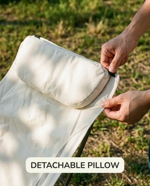 Capy Ultralight Camping Chair For Backpacking And Festivals, 3.5 lb high back with detachable pillow in cream color.