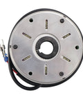 Forklift electromagnetic brake assembly; round metal housing with central splined bore and attached wiring.