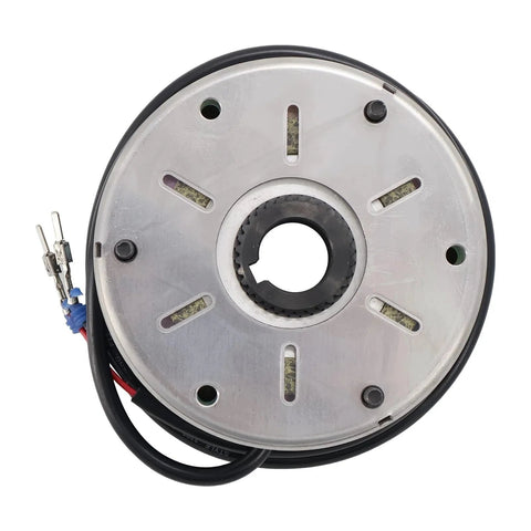 Forklift electromagnetic brake assembly; round metal housing with central splined bore and attached wiring.