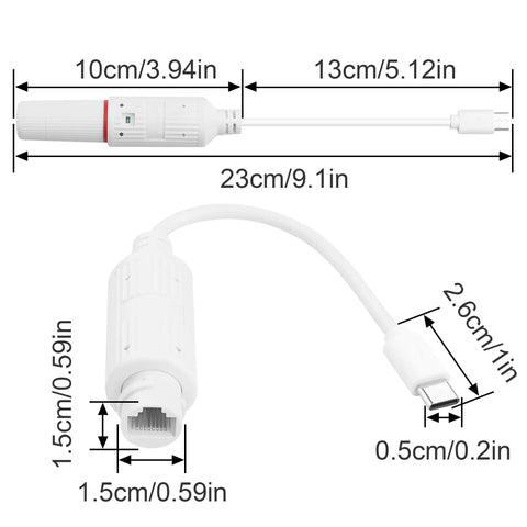 Straight Up POE To USB C Power Only Conversion Adapter serving pure 5V DC juice for security cameras and network gear with dimensions.
