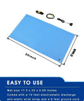 ESD Safe Anti Static Mat 17 By 25 Inch Blue Heat Resistant Soldering Table Pad with accessories and dimensions displayed.