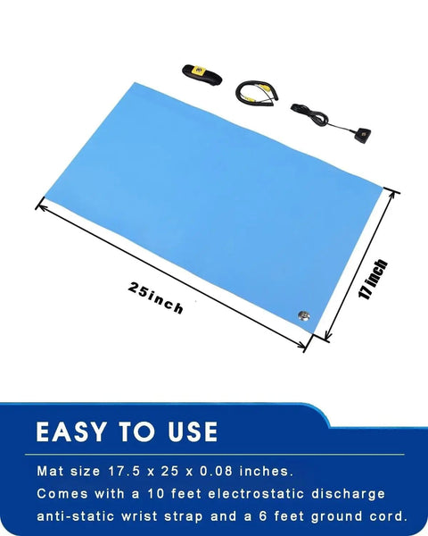ESD Safe Anti Static Mat 17 By 25 Inch Blue Heat Resistant Soldering Table Pad with accessories and dimensions displayed.