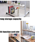 Adjustable Height Portable Laptop Table With Easy Roll Casters And Hidden Storage Shelf Folding sofa bed tray with books and plants.