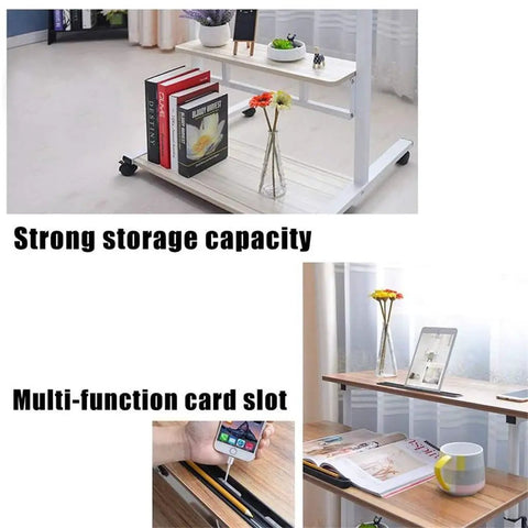 Adjustable Height Portable Laptop Table With Easy Roll Casters And Hidden Storage Shelf Folding sofa bed tray with books and plants.