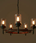 Wagon Wheel Chandelier Pendant Light With Metal Wood Frame Seeded Glass Shade Edison Vintage Ceiling Fixture Rustic Farmhouse Vibe 5 Lights