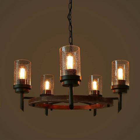 Wagon Wheel Chandelier Pendant Light With Metal Wood Frame Seeded Glass Shade Edison Vintage Ceiling Fixture Rustic Farmhouse Vibe 5 Lights