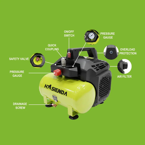 Hasienda 2 Gallon Quiet Air Compressor With Touch Safe Encased Design And Ergonomic Handle Lightweight Oil Free For Home Auto Care Painting And Woodworking Brushless Motor