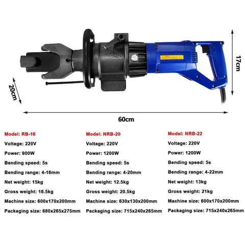 CUTPOIY Electric Rebar Bender 900W Hydraulic Steel Bar Bending Machine Fast 1200 Watt Power For 6-22mm Rods with specifications chart.