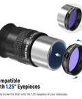 Close-up of 10 Pack 1.25 Inch Telescope Eyepiece Filter Set with dope planetary color filters for moon observation.