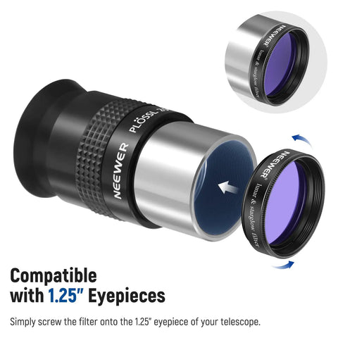 Close-up of 10 Pack 1.25 Inch Telescope Eyepiece Filter Set with dope planetary color filters for moon observation.