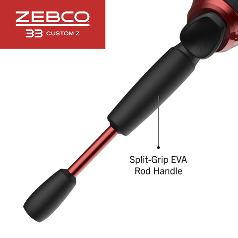 Close-up of Custom Spincast Reel And Rod Combo With 6 Foot Two Piece Fiberglass Rod EVA Handle Quickset Anti Reverse Bite Alert Red Finish