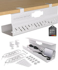 No Drill Cable Management Tray For Desks White Metal Wire Organizer with installation clips and cable ties.