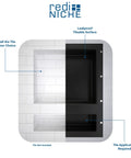 Quad Recessed Shower Shelf Niche With Four Inner Shelves, 32 Inch Wide By 20 Inch High By 4 Inch Deep, Tile Ready Surface, Black