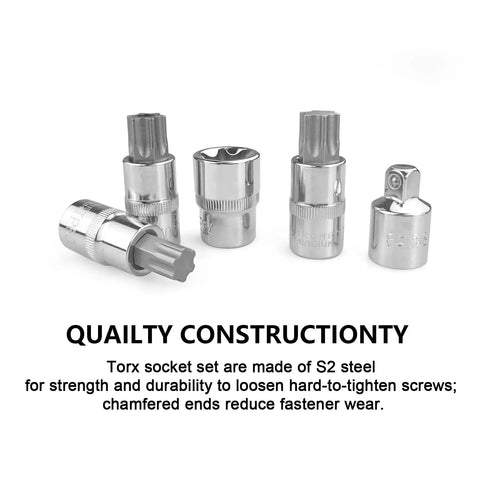Torx Bit Socket Set And External Torx Socket Set, 64 Pieces, 3/8, 1/4, 1/2 Inch Drive Master, S2 CR-V Steel displayed on surface