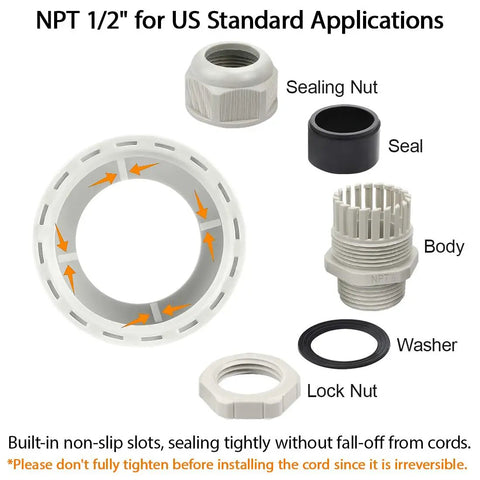 Components of Five Pack NPT One Half Inch Cable Glands Waterproof And Adjustable For Cables And Wires From Six To Twelve Millimeter