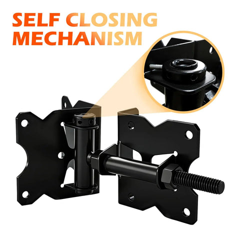 Built Tough Heavy Duty Self Closing Gate Hinges Kit for Vinyl and Wooden Fences, 90 Degree Adjustable Swing, close-up of hinge mechanism