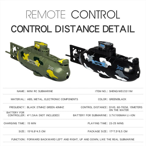 Mini Remote Control Submarine For Pools And Lakes Electric Diving Boat With Long Range RF Remote in green and black colors