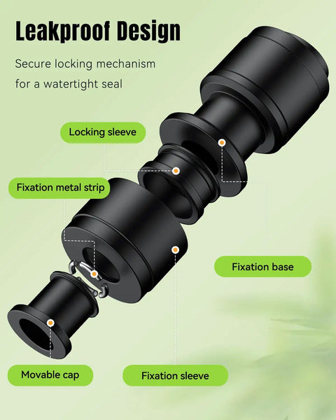 Exploded view of a push-to-fit, anti-leak fitting from a 15 Piece Quick Connect Drip Irrigation Coupling Set for one quarter inch tubing.
