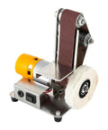 Mini Belt Sander Grinder With 7 Speed Adjustable Settings For Metal And Wood, compact tool with sanding belt and polishing wheel.