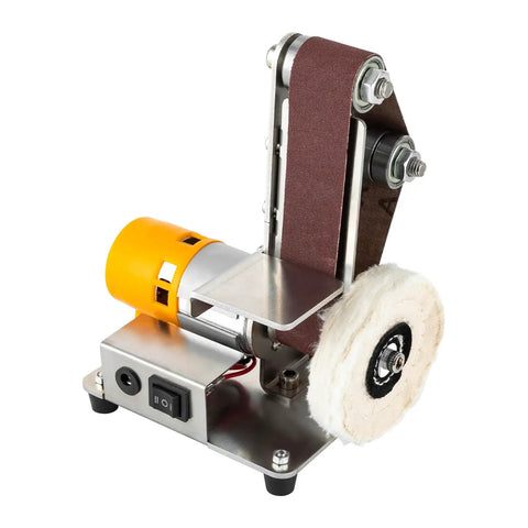 Mini Bench Belt Sander Featuring Slick Adjustable Speed Controls Built Tough As Nails From Stainless Steel Includes Twenty Top Shelf Abrasive Belts To Crush Wood Metal And Knife Polishing Projects Around The Private Garage. Compact design with a 775 motor.