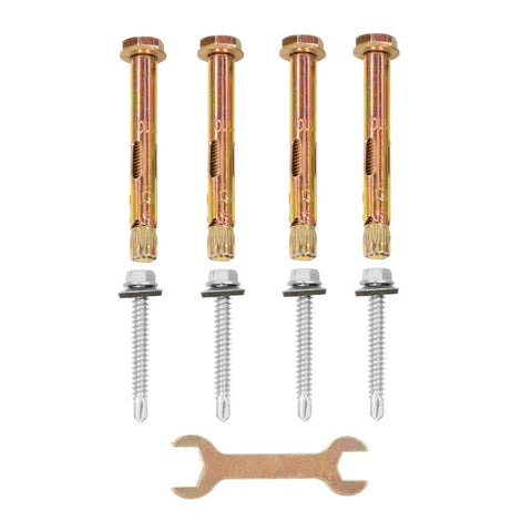 Mounting hardware set for Rock Solid Heavy Duty Outside Step Railing with bolts, screws, and wrench for easy installation.