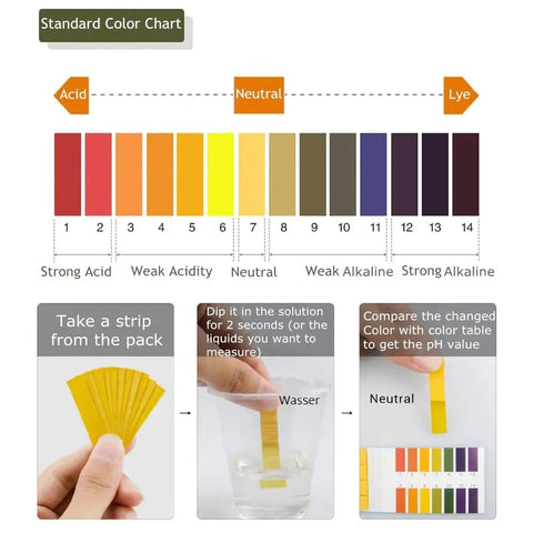 Three Pack PH 1-14 Test Paper Strips With Storage Case, 240 Strips For Saliva Urine Water Soil And Pet Food PH Monitoring, Quick Color Match In About 15 Seconds, A Simple No Brainer Home Lab Tool, showing color chart and usage steps