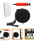 2 Pack Golf Swing Trainer Ball Posture Exerciser for Consistent Swings, Inflatable Training Ball With Inflator Included, PVC Black Golf Practice Tool and Swing Aid, shown with box and inflator, plus usage examples