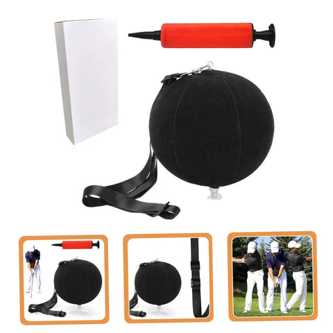 2 Pack Golf Swing Trainer Ball Posture Exerciser for Consistent Swings, Inflatable Training Ball With Inflator Included, PVC Black Golf Practice Tool and Swing Aid, shown with box and inflator, plus usage examples