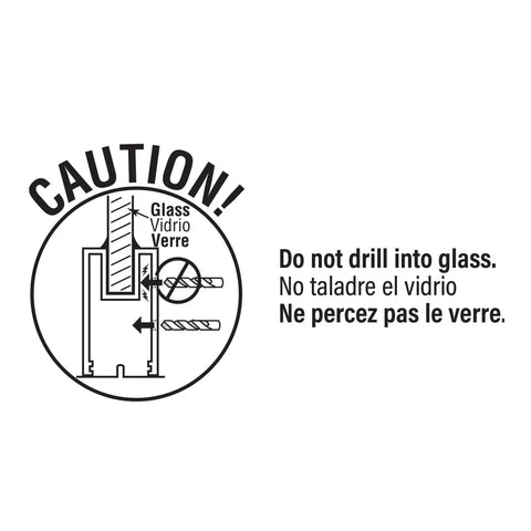 Caution sign with diagram warning not to drill into glass for Sliding Patio Door Lock Pin 3/16 x 2-5/8 Inches, Steel Pin.