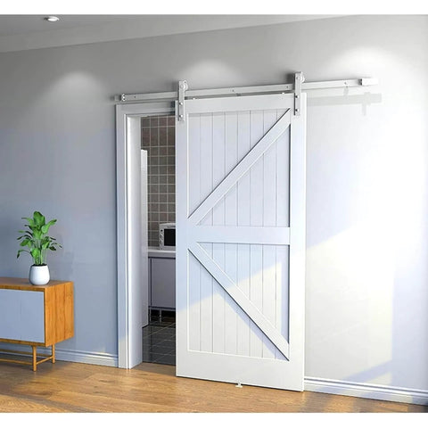 Installed 5 Ft Bypass Barn Door Hardware Kit For Double Doors White Heavy Duty Sliding Track With Quiet Glide Mute Rollers shown