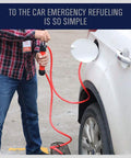 Person using Emergency Siphon Fuel Transfer Pump Kit For Gas Oil And Liquids to refuel a car from portable container