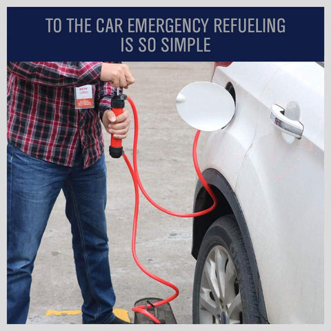 Person using Emergency Siphon Fuel Transfer Pump Kit For Gas Oil And Liquids to refuel a car from portable container