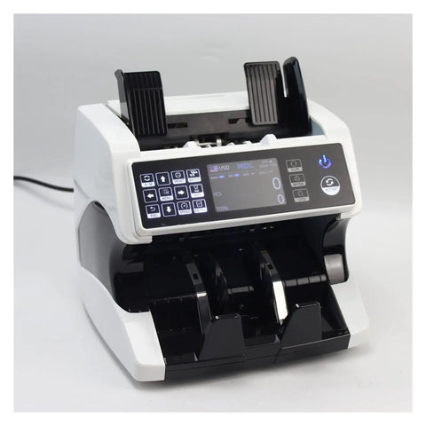 Real Deal Touchscreen Money Counter Machine For Mixed Currency Bills With Integrated Thermal Receipt Printer And Smart Error Scanning, front view.