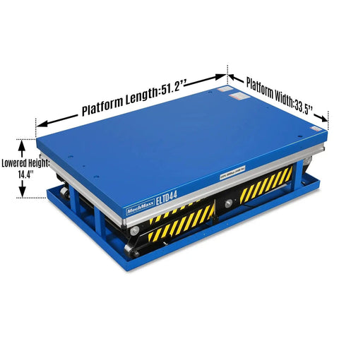 Heavy Duty Wireless Remote Control Double Scissor Hydraulic Lift Table With 4400 Lb Load Capacity And 72.6 Inch Height For Warehouse Jobs, showing platform dimensions.