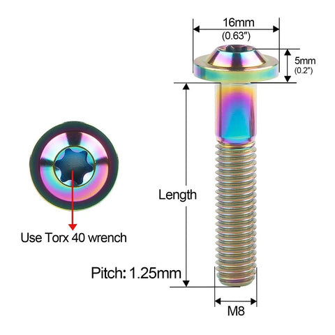 Heavy Duty M8 Titanium Bolts Wrench Ready T40 Torx Screws Black Anti Rust Fasteners with dimensions and hex details.